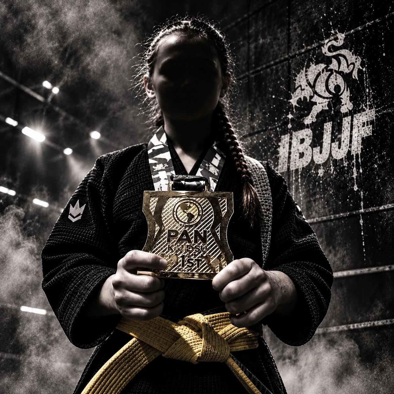 Young jiu-jitsu competitor in a black gi holding a Pan Kids gold medal