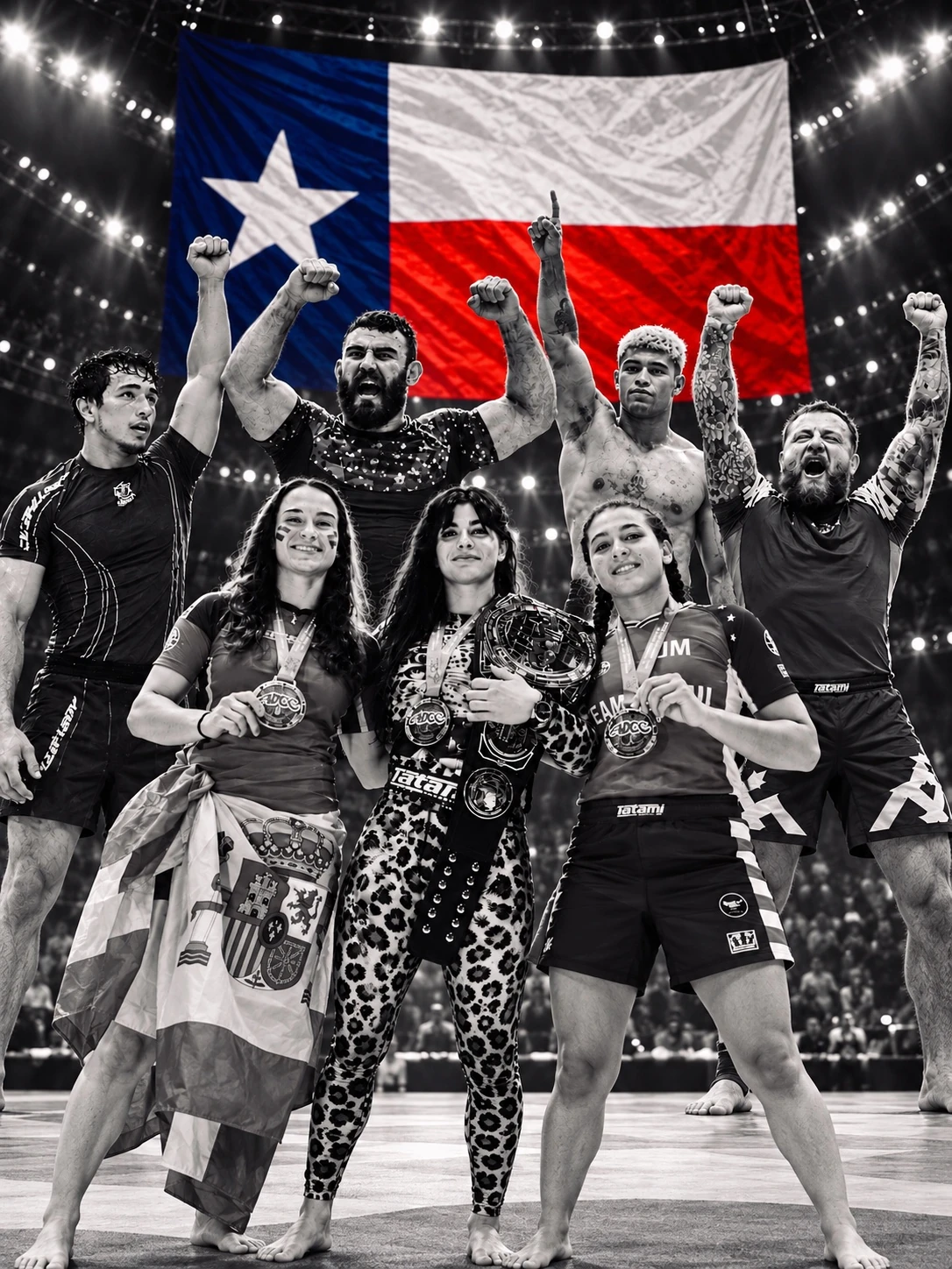 Grapplers celebrating with medals in front of a Texas flag