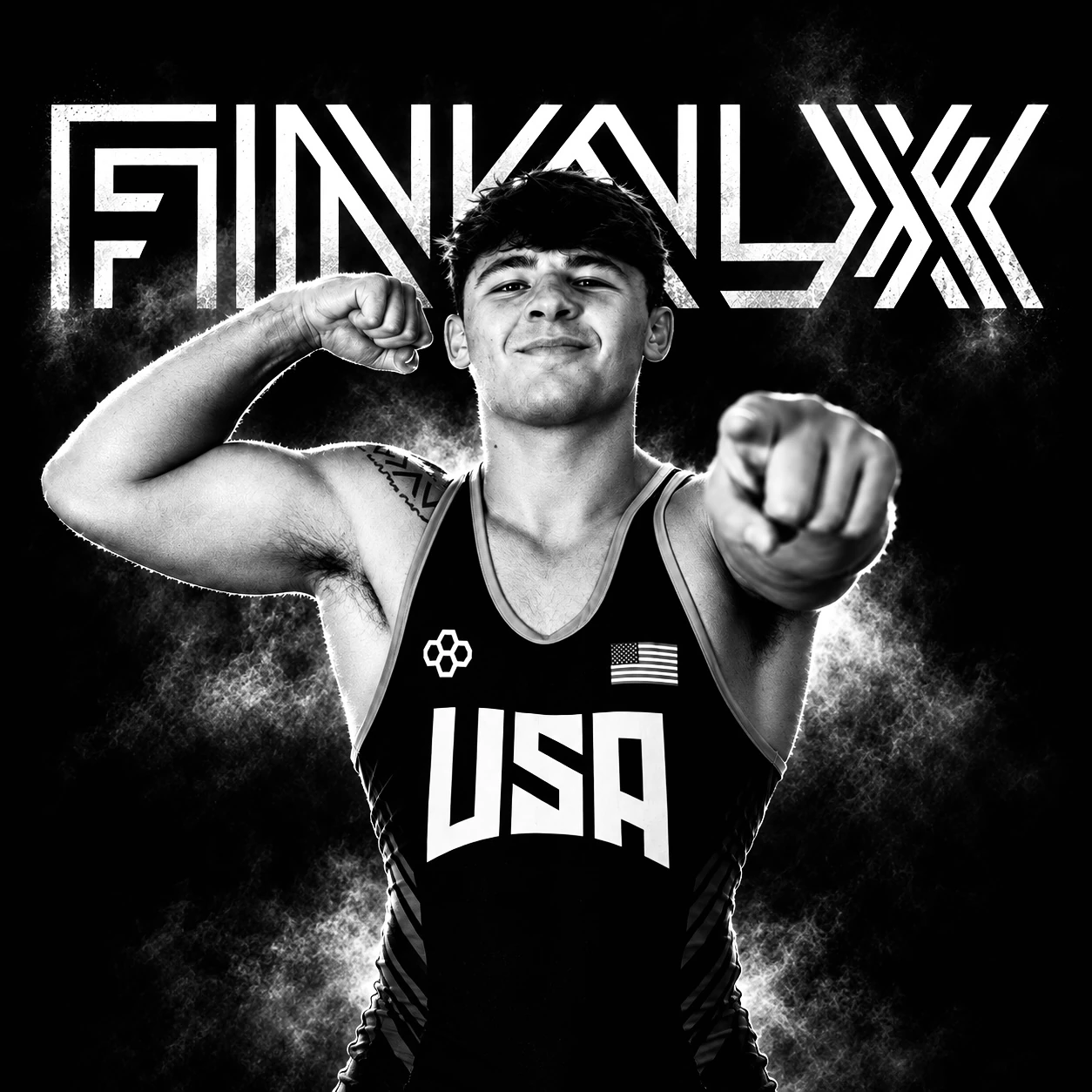 Wrestler in a USA singlet flexing and pointing in front of the Final X logo