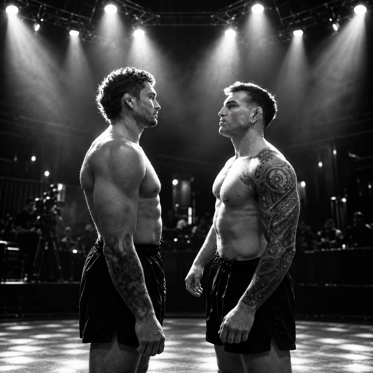Two grapplers facing off under stage lights
