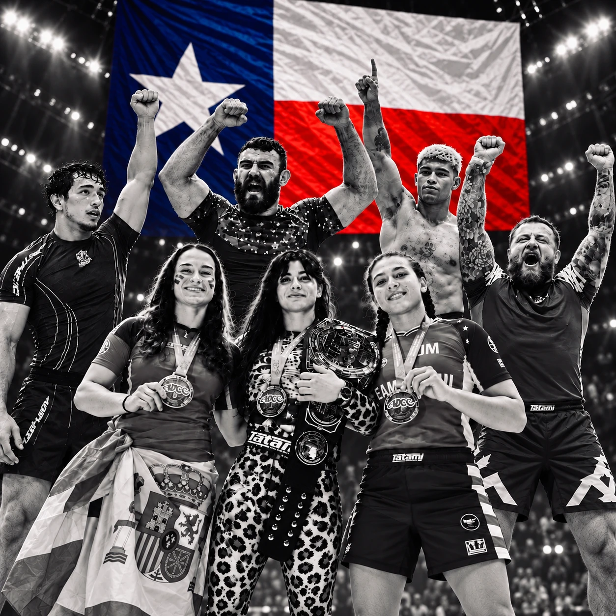Grapplers celebrating with medals in front of a Texas flag