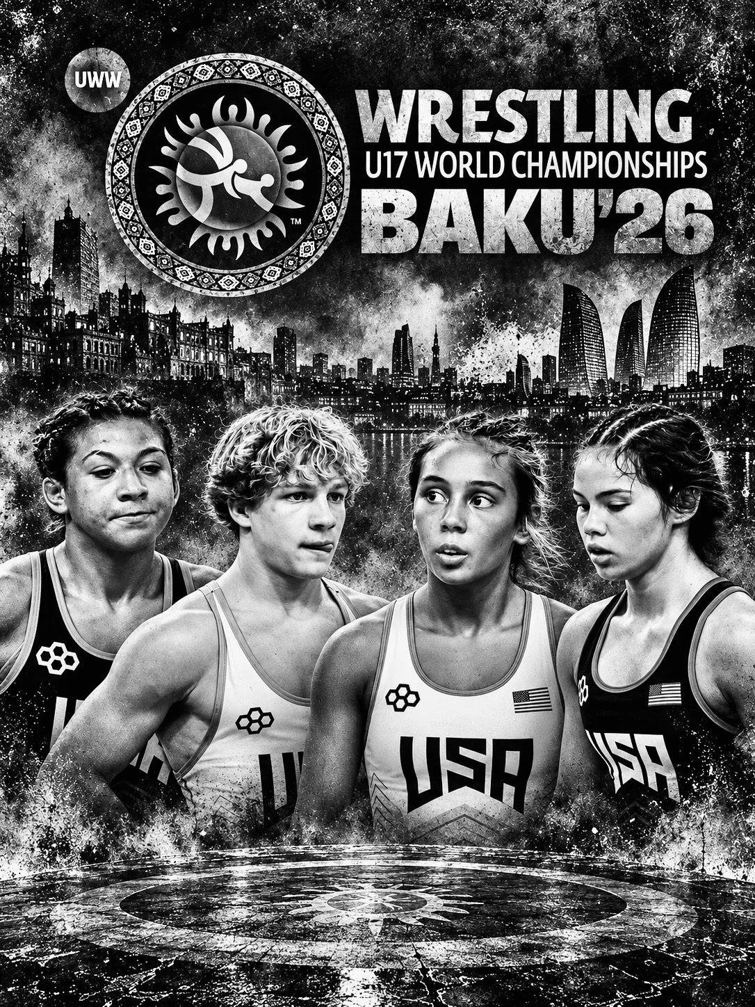 Graphic for the 2026 U17 Wrestling World Championships in Baku featuring young U.S. wrestlers