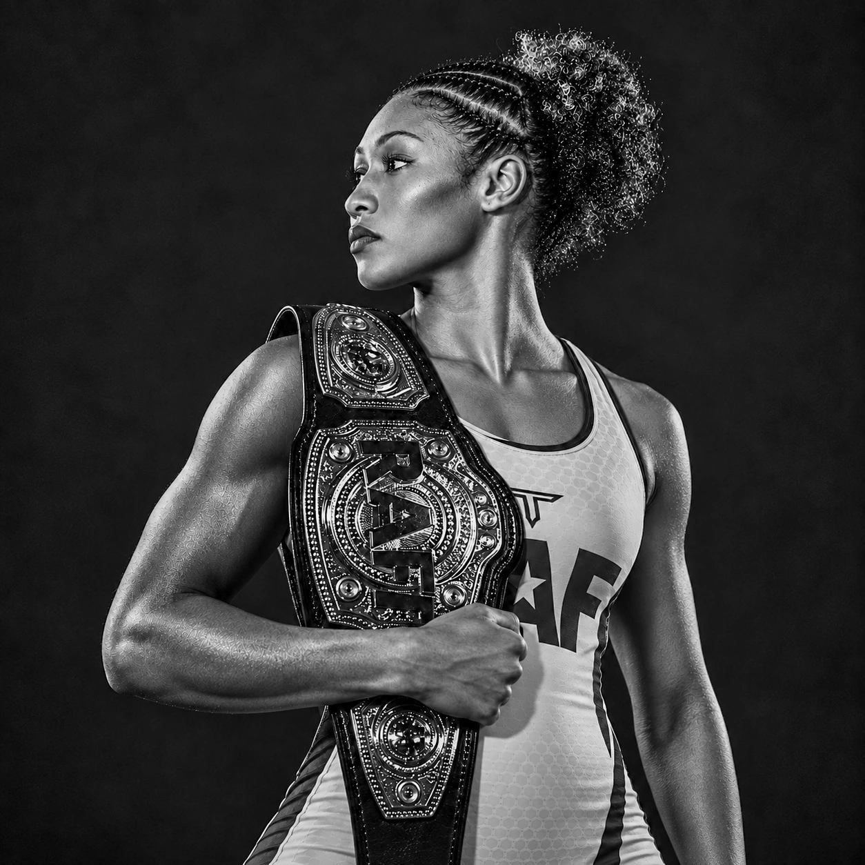Women’s wrestler holding an RAF championship belt