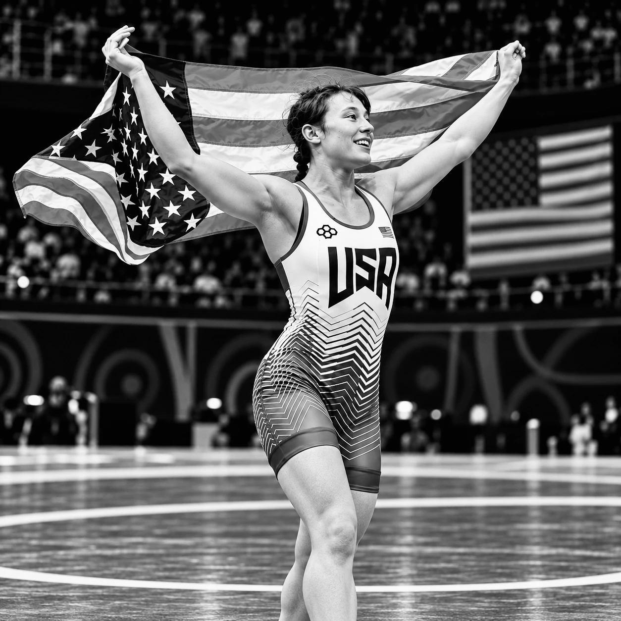 U.S. women’s wrestler celebrating with an American flag after a world final