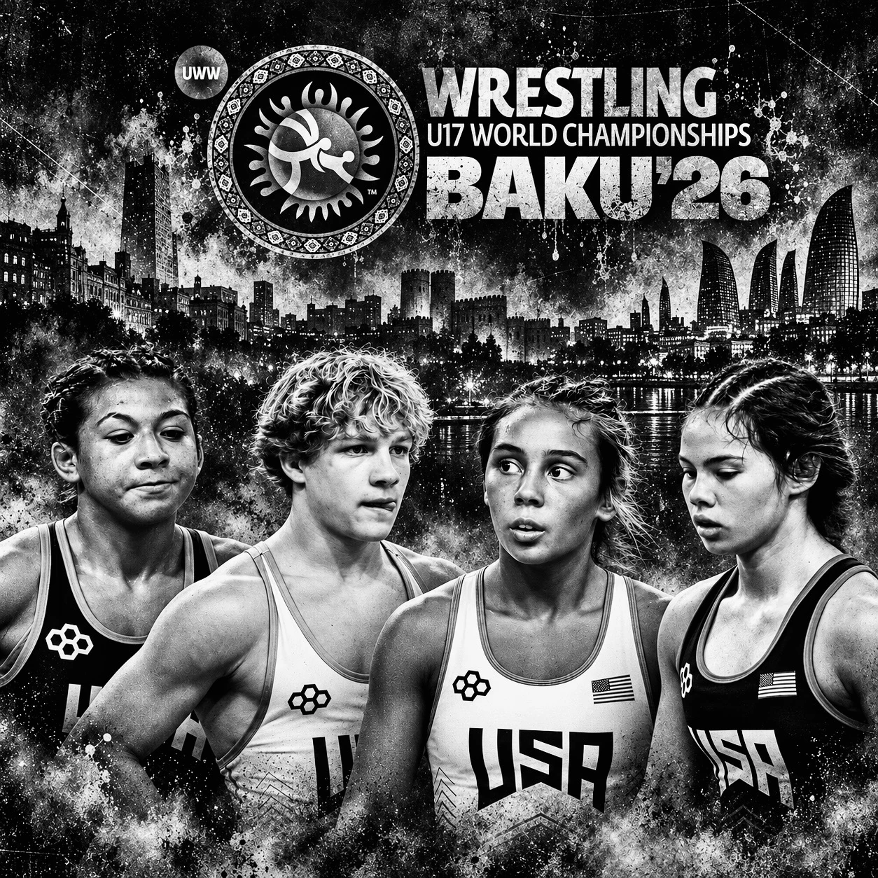 Graphic for the 2026 U17 Wrestling World Championships in Baku featuring young U.S. wrestlers