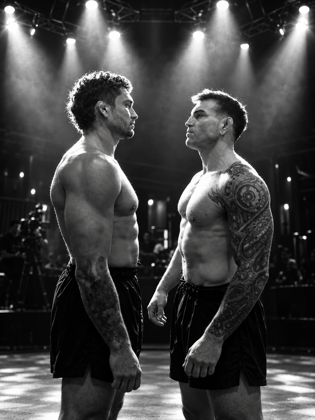 Two grapplers facing off under stage lights