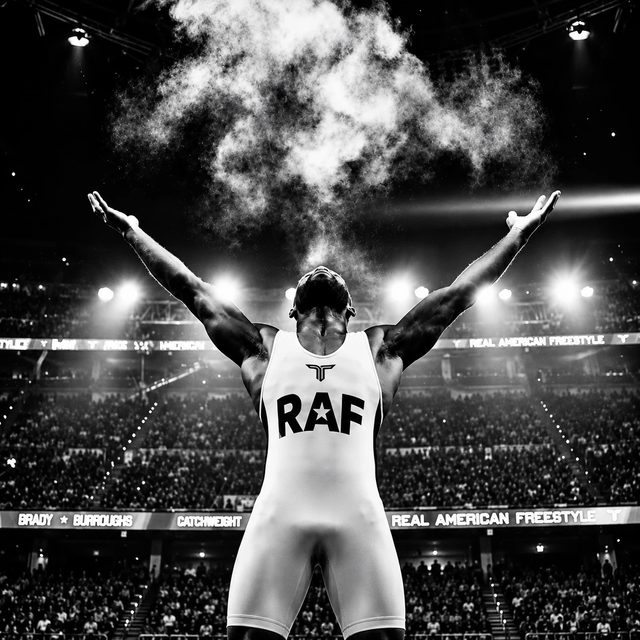 Wrestler in a white RAF singlet raising both arms beneath arena lights