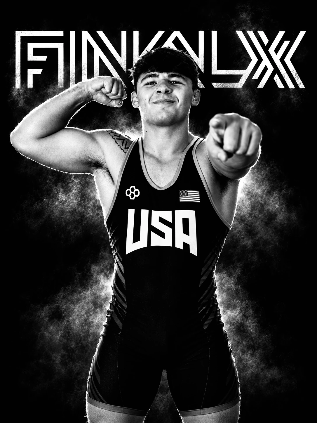 Wrestler in a USA singlet flexing and pointing in front of the Final X logo
