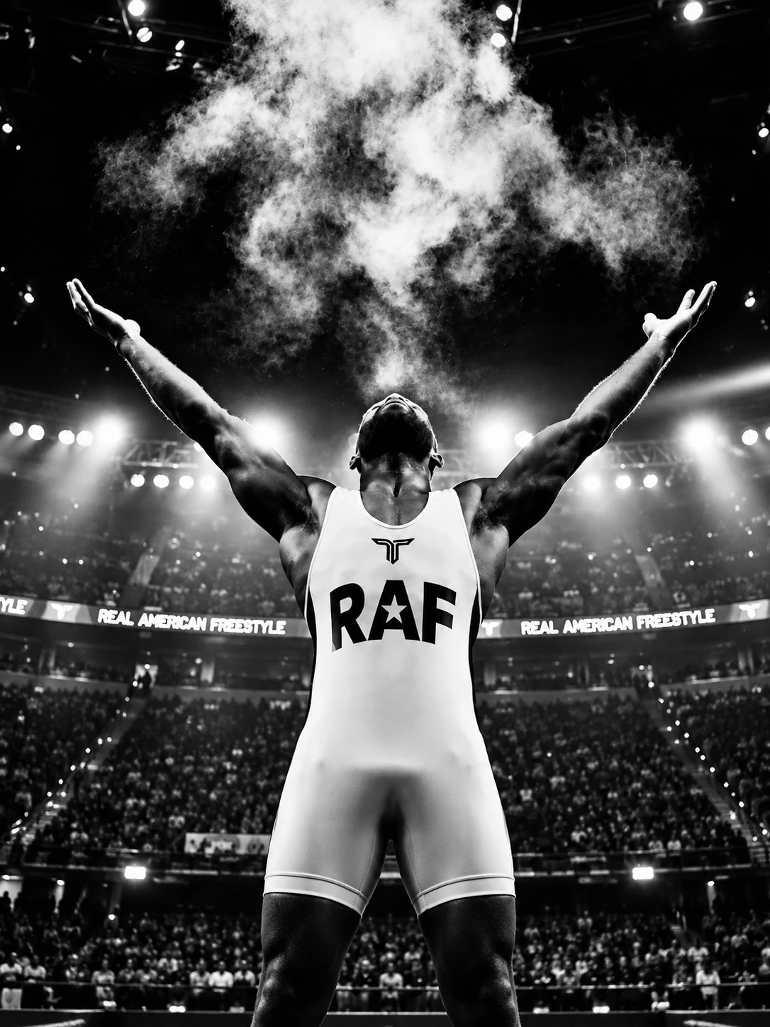 Wrestler in a white RAF singlet raising both arms beneath arena lights