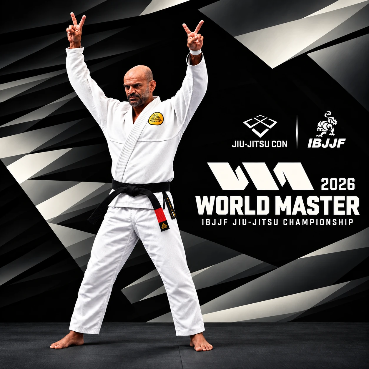 Black-belt competitor in a white gi celebrating at the 2026 IBJJF World Master